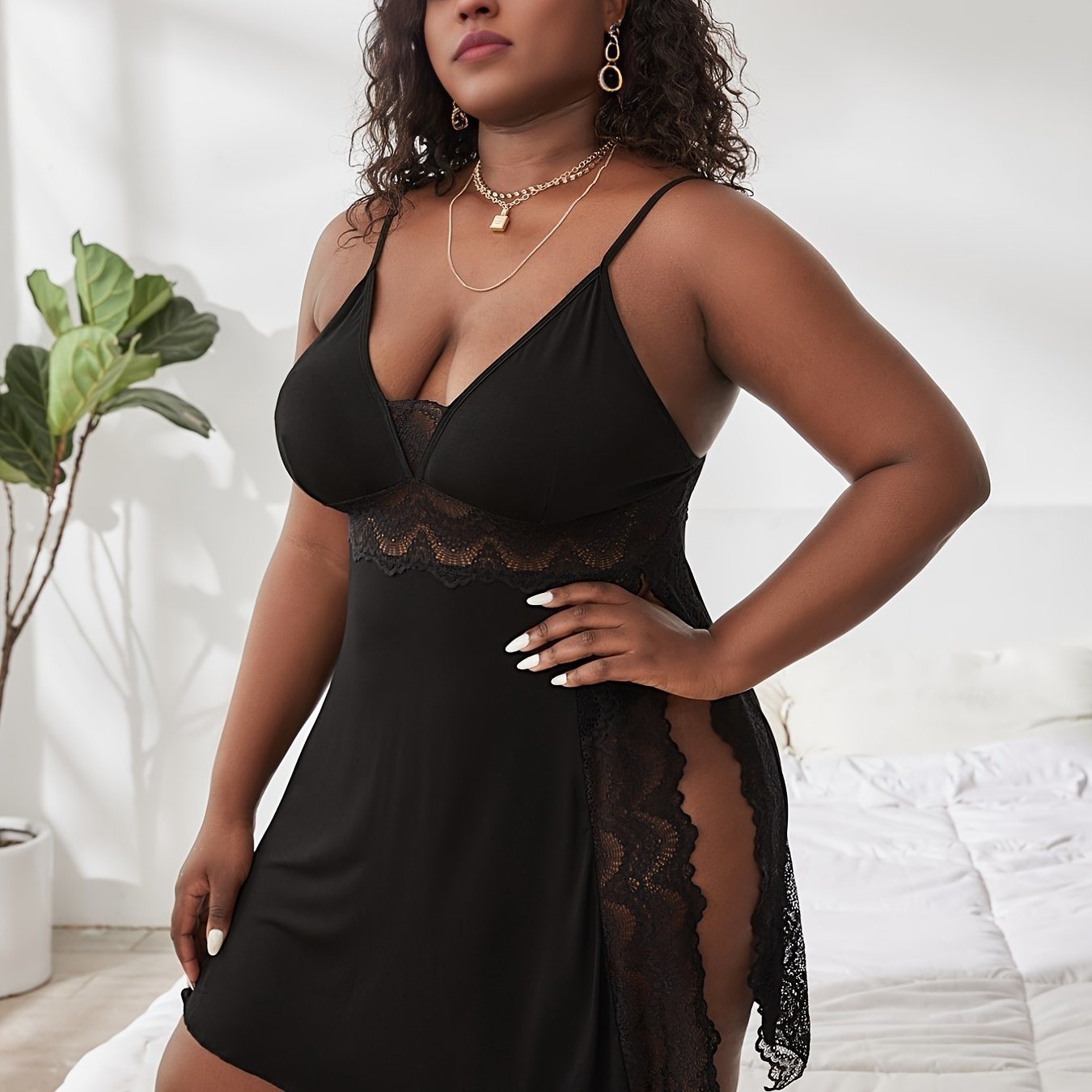 Plus Size Lace Trim Cami Semi Sheer Loungewear