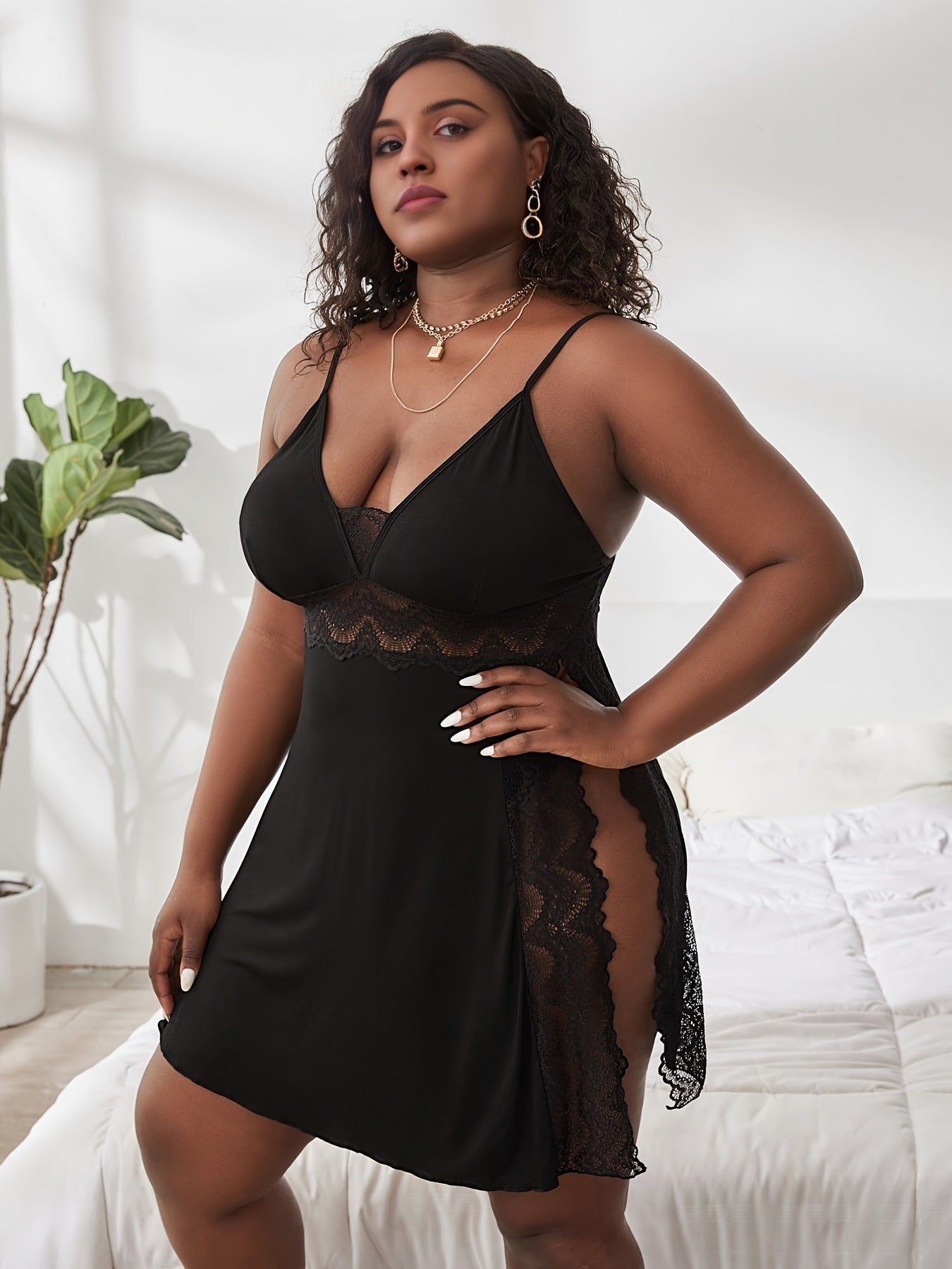 Plus Size Lace Trim Cami Semi Sheer Loungewear